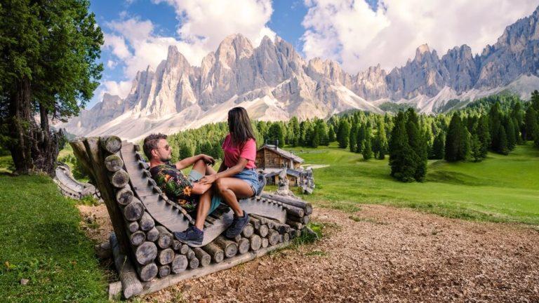 Geisleralm Rifugio Odle Dolomites Italy, hiking in the mountains of Val Di Funes in Italian Dolomites Adolf Munkel Trail in Puez Odle Nature Park